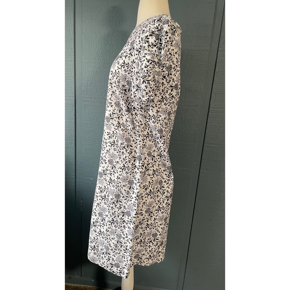 LOFT Black White Floral Print Puff Sleeve Knee Length Dress Size Medium - Picture 2 of 13